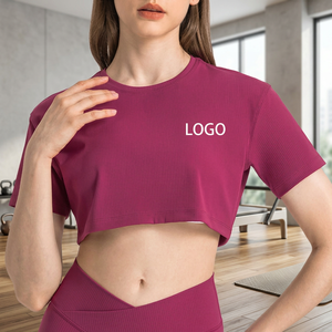 Women's Ribbed Crop T-Shirt Short Sleeve Crew Neck Solid Sporty Top - Product Image 3