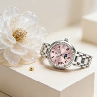 Montre de luxe pour femme Guihua, cadran rose, lunette entièrement sertie de diamants, fonction date, bracelet en acier inoxydable, montre élégante pour robe
