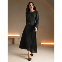 Fabricant OEM ODM sur mesure, robe en tweed noir pour femme, style veste deux pièces, jupe plissée à paillettes, ceinture, hiver, sur mesure