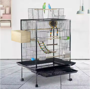 Jaula de lujo para loros, diseño de Villa de hierro con recubrimiento de polvo negro con comederos de acero inoxidable, soporte para juegos para guacamayos, cacatúas - Product Image 2