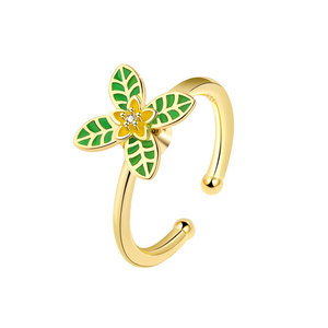 Anillos giratorios antiestrés Green Drop Glue con hojas verdes PVD, ajustables, de cobre chapado en oro, joyería para aliviar el estrés para niñas - Product Image 1