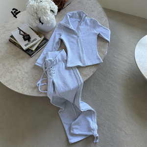 Ensemble de survêtement streetwear personnalisé à fermeture éclair, deux pièces, pantalon de survêtement et sweat à capuche court à col rabattu pour femmes - Product Image 1