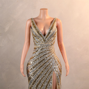 Abito <span class=keywords><strong>da</strong></span> sera <span class=keywords><strong>da</strong></span> donna lungo fino al pavimento, sexy, con scollo a V, schiena scoperta, in paillettes e pizzo <span class=keywords><strong>color</strong></span> <span class=keywords><strong>oro</strong></span>, per feste - Collezione 2025 - Grande Offerta - Product Image 6