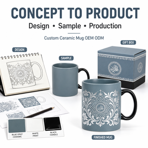 Mug en céramique bleu gris à motif islamique, impression blanche, anse noire, 350 ml, compatible micro-ondes, personnalisable OEM ODM, pour café et thé, coffret cadeau, vente en gros - Product Image 1