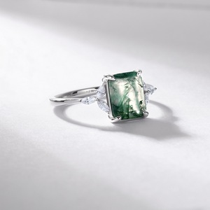 Anello con Agata Muschiata Naturale Taglio Smeraldo in Argento <span class=keywords><strong>Sterling</strong></span> 925 con Design a Foglia, Gioiello di Fidanzamento Vintage da Donna, Idea Regalo - Product Image 3