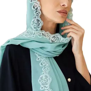 JYL estate autunno 13 colori disponibili Hijab sciarpa musulmana in Chiffon con bordo in pizzo ricamato elastico pesante di alta qualità