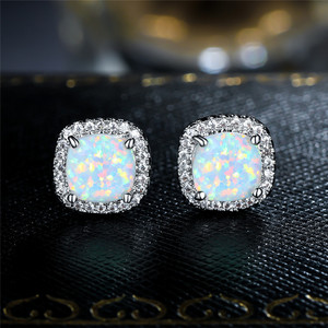 Silver Color White Fire Opal Square Stone Screw Back <strong>Earrings</strong> for Women Vintage Fashion Charming Jewelry - Product Image 2