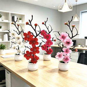 Bonsaï artificiel Paulon en fleurs de prunier, 27 cm de haut, mini pot de fleurs, rouge, rose, blanc, rose rouge, décoration d'intérieur, accessoires de mariage - Product Image 1