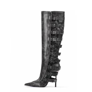 Botas Largas de Mujer Talla Grande 46 con Hebillas Metálicas Traseras, Tacón Alto Delgado, Punta Puntiaguda, Botines Altos hasta la Rodilla, Ajuste Ancho, Zapatos con Cremallera Lateral - Product Image 5
