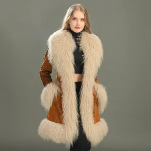 Luxury 100% Natural Wholesale Leather Jackets and Coats with Mongolian Fur Trim Brown Genuine Suede Leather Trench Coat