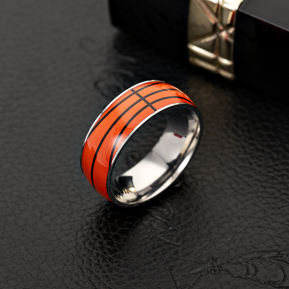 China Jewelry Unique Design Sports Ball Rings Titanium Steel Men Finger Ring Enamel Basketball Football Baseball Ring