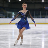 Robe de patinage et de danse pour enfants et adultes, bleu royal et noir dégradé, manches longues en maille, dos orné de fleurs en strass, pour compétition et spectacle de patinage sur glace