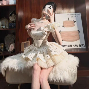 Sweet Polka Dot Mesh Tulle Dress Strapless Ruffles Natural Waistline Translucent Summer Club Dress - Product Image 2