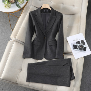 Women's Brown <b>Sequined</b> Suit Set Satin Anti-Wrinkle Professional Workwear Casual Style - Product Image 2