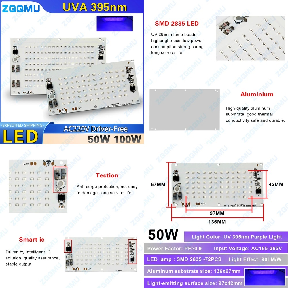 50W 100W UVA UV 395nm LED Purple Light Source Board Driver Free Linear High Voltage UV Lamp Bead for Curing Adhesive Resin Spot