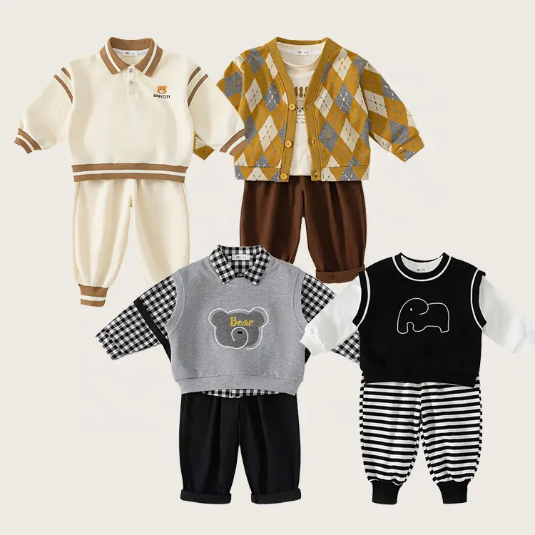 Wholesale customized kids wear 3-10 years Classic Plaid Shirt Little Bear Vest causal pants three piece boys suit set