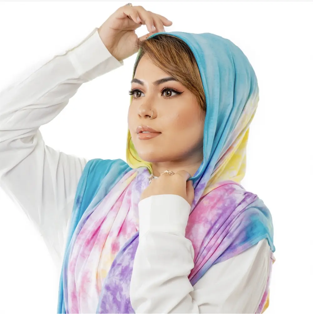 Venta al por mayor suave mujer Hijabs elástico Modal algodón Jersey chal bufanda Premium Tie Dye by Hand algodón Jersey Hijabs