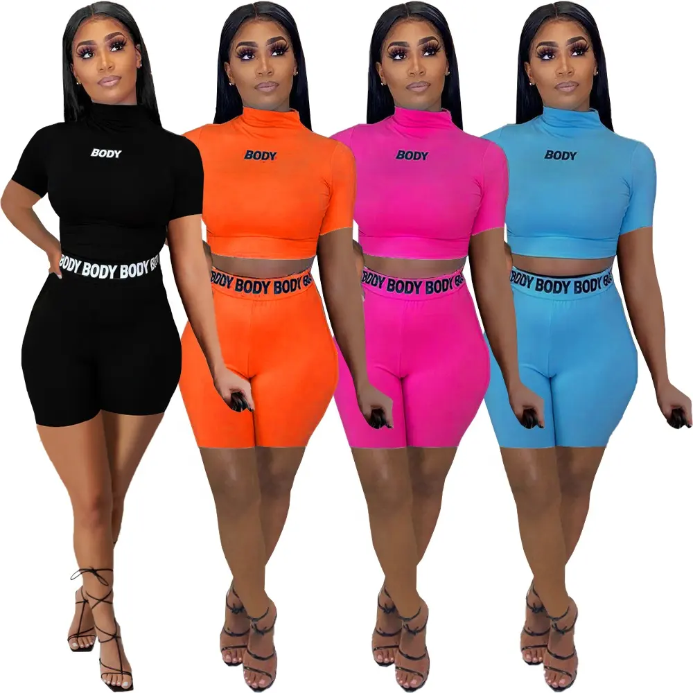 Women Summer Clothing 2023 High Waisted BODY Letter Printed Short Sleeves Tops Tight Fitness Biker Shorts Two Piece Set