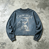 Sweat-shirt à manches longues CROW HOUR, style vintage, délavé, effet usé, graphisme gothique, streetwear, en coton