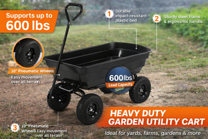 Chariot de jardin robuste de qualité supérieure en polyéthylène avec mécanisme de basculement breveté pour le transport de paillis et de bois de chauffage - Modèle GARPYC000 - Product Image 2