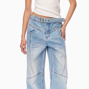 Pantalones Vaqueros de Mezclilla Personalizados de Moda Urbana para Mujer, Color Azul Claro, Estilo Holgado, Vintage, Desgastado, 100% Algodón - Product Image 5