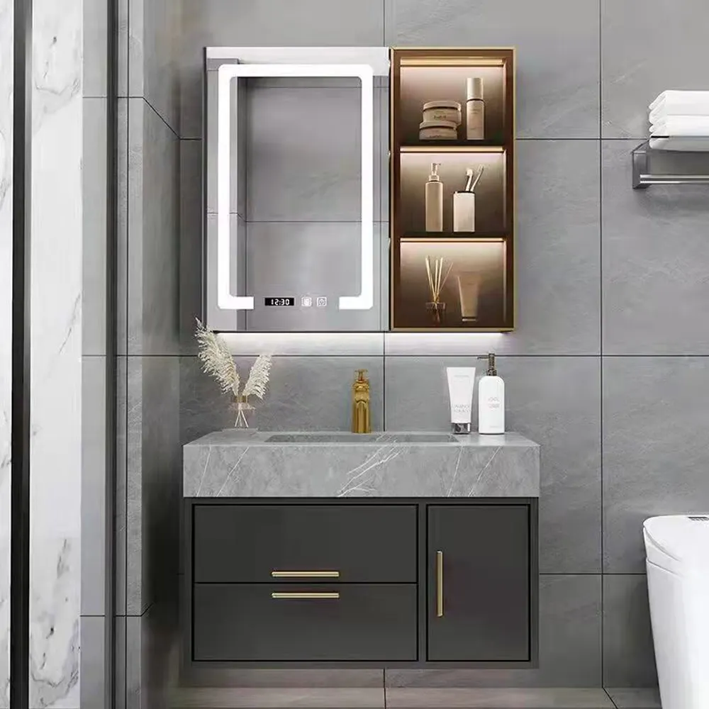 Tocador de almacenamiento de baño de madera contrachapada, mueble de lavabo montado en la pared, con espejos, cristal moderno, 20-35 días