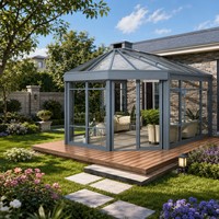 Véranda moderne en alliage d'aluminium avec toit triangulaire, verre isolant et double porte battante pour villa, espace de vie extérieur, patio, serre
