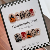 Faux ongles à presser Halloween rose amande, nouveau style français, motif fantôme, lune, étoile, dentelle, nœud, réutilisables, couverture complète pour femmes