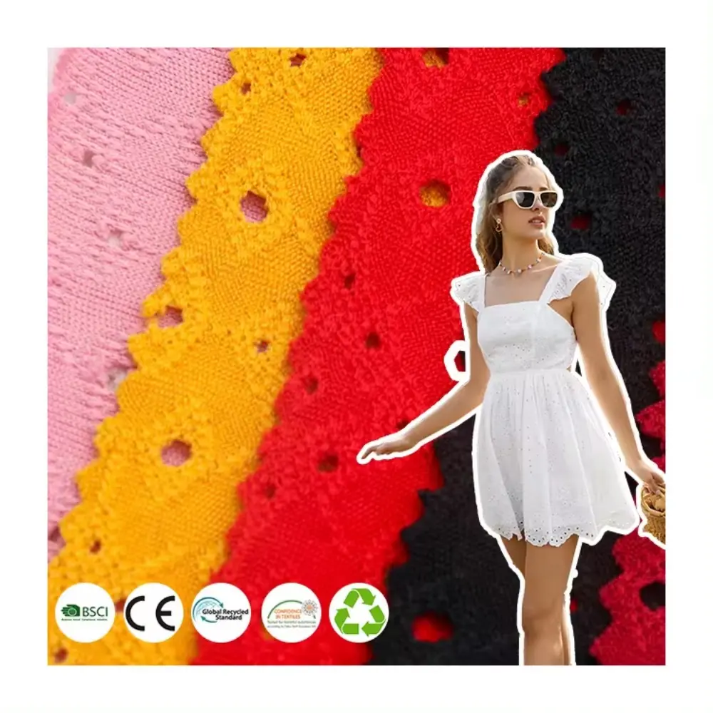 도매 사용자 정의 패션 폴리 에스테르 스판덱스 150gsm 니트 염색 수용성 구멍 Cey 자카드 직물 의류 원피스