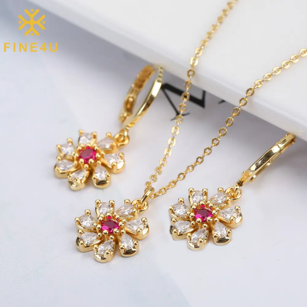 Fashion Luxury Wedding Bridal Flower Necklace Earring Gold Plated Cz Zirconia Indian Jewelry Set For Women