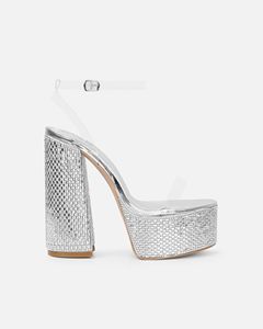 Sandales à plateforme diamantées <span class=keywords><strong>miroir</strong></span> <span class=keywords><strong>argent</strong></span>é pour femmes Chaussures Lady Pumps Chaussures Rhinestone PVC Strap Platform Shining Ankle Strap Sandals - Product Image 2