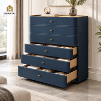 Commode de luxe personnalisée HarmTai avec revêtement extérieur en cuir bleu marine, armoire de rangement à 6 tiroirs pour chambre à coucher et salon