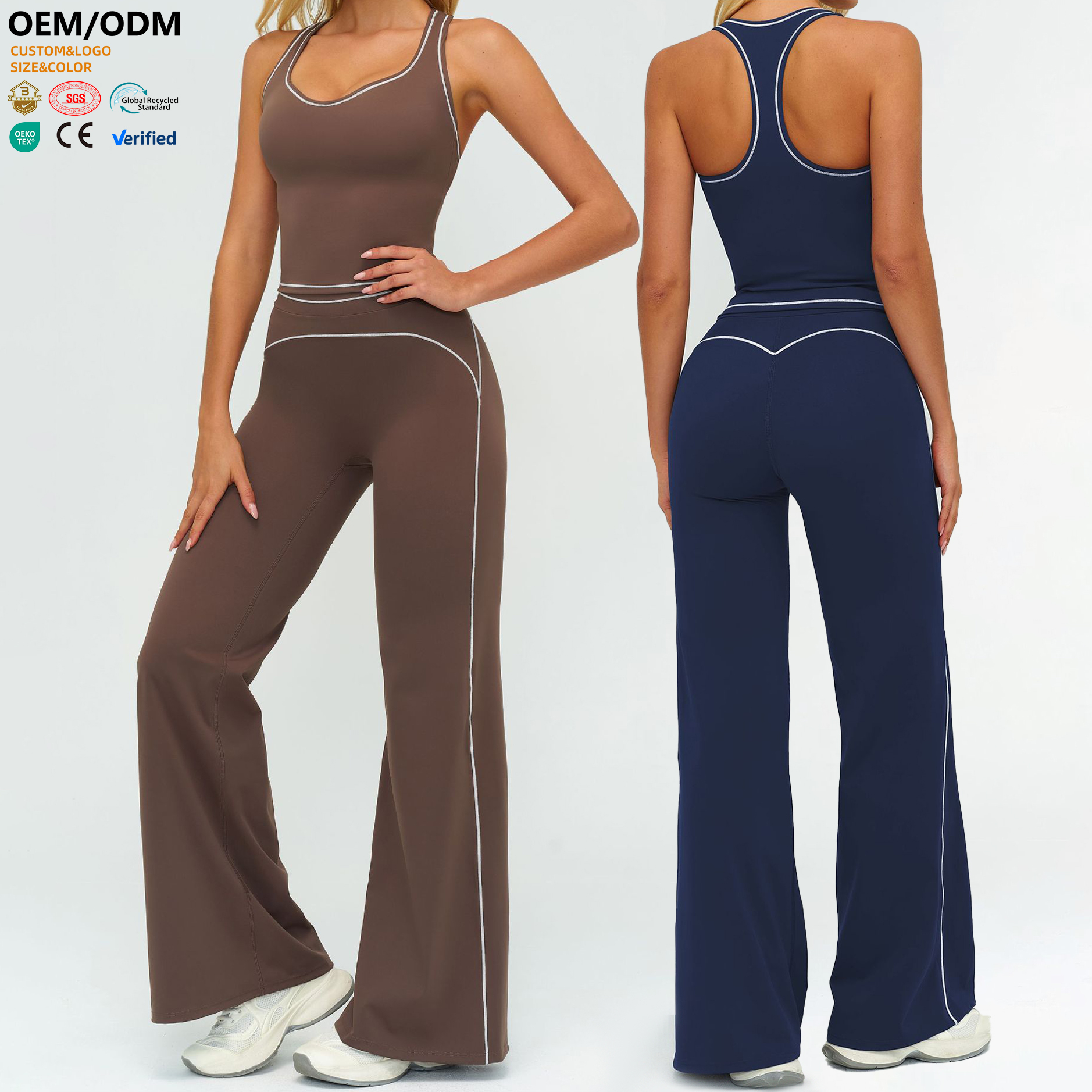 XW-TZ7028-5 Hot Selling Women Workout Sports Vest Gym Training Fitness Straight Leg Pants Loose Running 2 Piece Yoga Wear Set