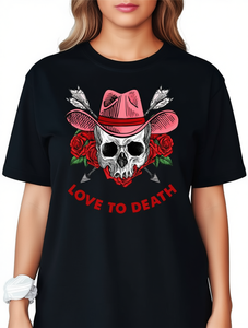 T-shirt con stampa Love To Death Skull da donna, casual, a maniche corte, girocollo, vestibilità regolare, 100% cotone, design floreale per tutte le stagioni - Product Image 1