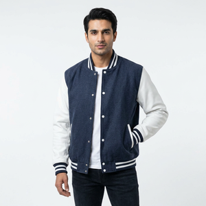 Stylish Unique Grey-<b>White</b> <b>Waterproof</b> Varsity <b>Jacket</b> Winter Fabric Wool Body Leather Arms Stand Collar Letterman Baseball Front - Product Image 1
