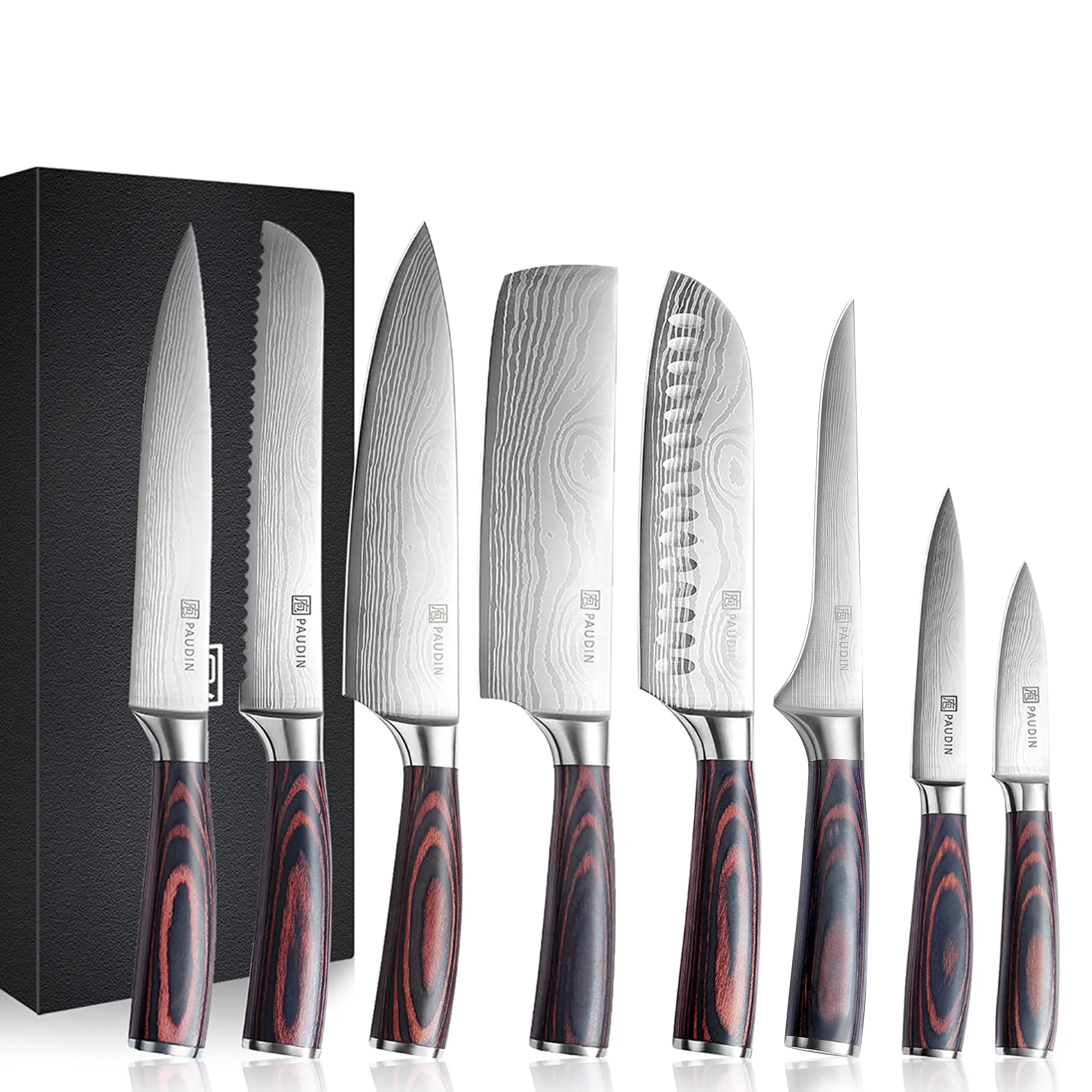 Originele 8 Stuks Bestseller Pakkawood Handvat Keukenmes Bestek Chef Mes Set Met Damascus Patroon