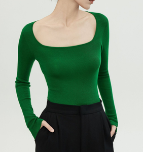 천연 원단 100% 울 의류 심리스 스퀘어넥 탑 여성 긴팔 슬림핏 블라우스 - Product Image 5