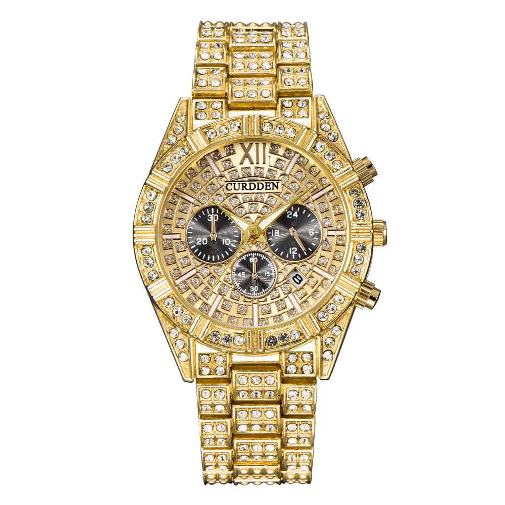 18K Gold Luxury Brand Diamond Men Watches Iced Out Male Quartz Watch Calender Unique Gift For Men
