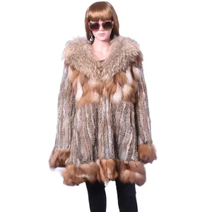 Manteau d'hiver en fourrure de renard de luxe MWFur pour femmes, manteaux d'hiver pour femmes, grande taille, poncho tendance, col en fourrure de lapin et de renard, tricot - Product Image 6