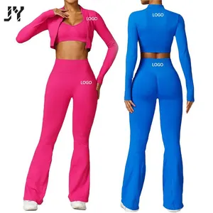 Joyyoung hot selling customize logo fitness Yoga zipped tops flare pants gym fitness sets sport wear set for women
