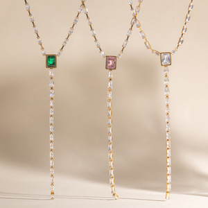 18K Stainless Steel <b>Square</b> Zircon Chain Necklace Geometric Design Bezel Setting Everyday Wear - Product Image 2