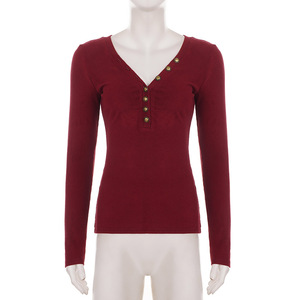 European spicy V neck bronze button ribbed knit cinched waist top sexy spicy slim versatile basic <b>shirt</b> - Product Image 6