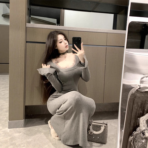 Gray Long Sleeve Slash Neck Bodycon Dress With Slit For Women Autumn Slim Fit Fishtail Inner Dress Natural Waistline City - Product Image 3