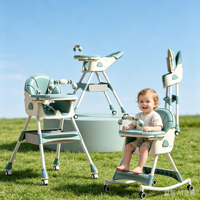 Chaise haute bébé légère 3 en 1 convertible, transat pliable et inclinable, avec roulettes et siège réglable