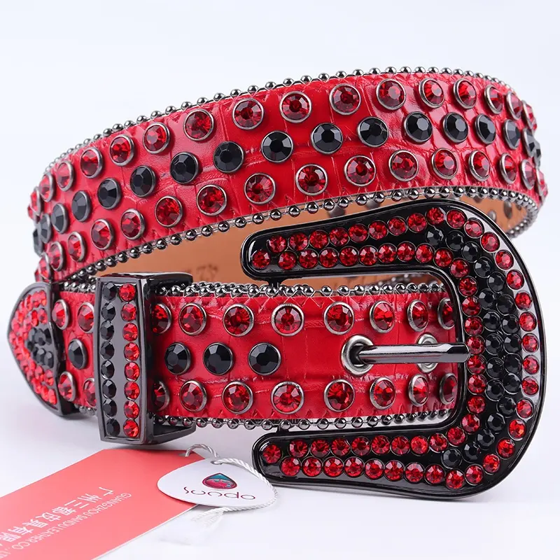 Sundo New Trading Women Red Belts Ladies Fashion Western Cowboy Belts Bling PU Leather Shiny Crystal Rhinestone Leather Belt