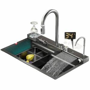 Lanxing fabrika kalınlaşmış piyano anahtar İşlevli lavabo Anti-Scratch LED fincan yıkayıcı ile dijital ekran şelale mutfak lavabo - Product Image 1