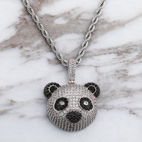 Pendentif Tête de Panda Hip Hop Noir & Argent Bicolore Entièrement Sertie de Zircons Cubiques Collier Homme Bijou Tendance Accessoire Mode