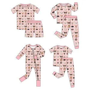 Novo design família pijama conjunto filhote corações impressão feriado pijama criança impressão floral personalizado bambu viscose pijama