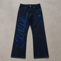 TaiDe – Jean évasé en denim brut avec logo personnalisé, broderie graphique tribale, indigo – Fournisseur vérifié OEM ODM – Usine de vêtements