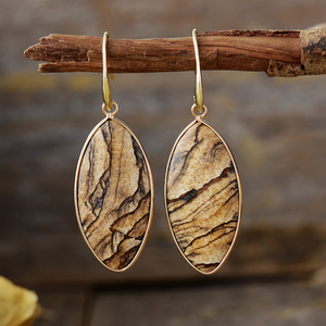 Gold Plated Chunky Natural Jasper Gem Stone Drop <strong>Earrings</strong> Women's Exaggerated Designer Jewelry Dangling Ear Ring Fashion - Product Image 1